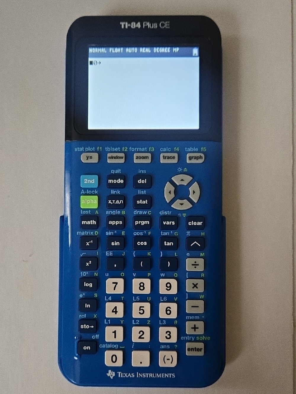 Texas Instruments blue TI-84 Plus CE graphing calculator with white keys